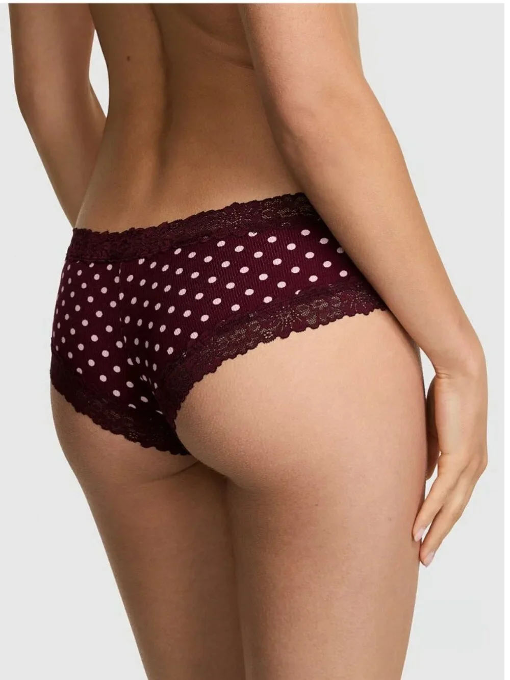 Victoria's Secret PINK WINK LACE-TRIM CHEEKY PANTY Polka Dots Burgundy (M) NWT!